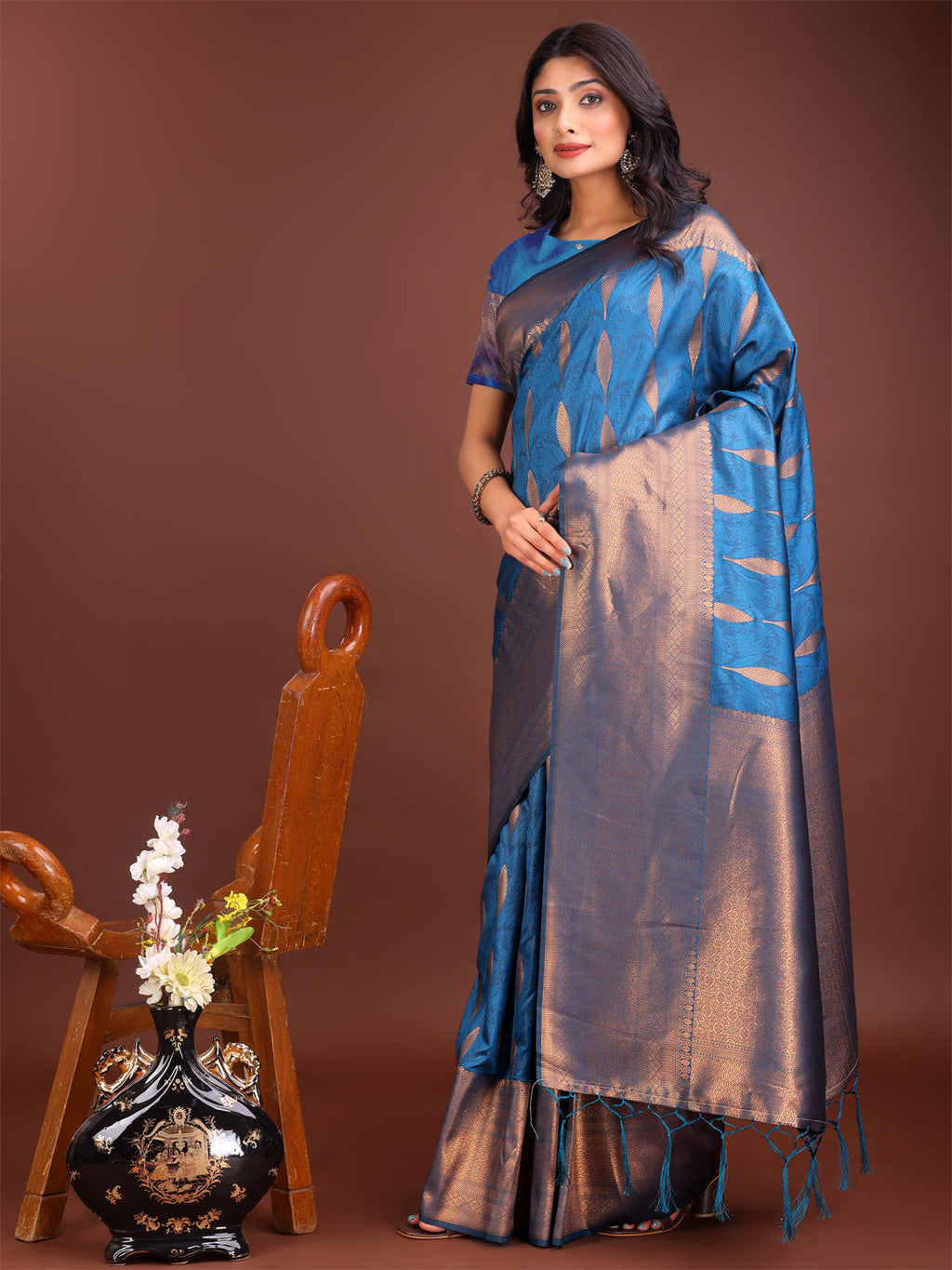 Shree Shyam Fashion Sky Blue Linen Cotton Saree with Golden Zari Leaf Woven Design & Rich Pallu - Festive Wear | Office Look | Soft Drape - Distacart