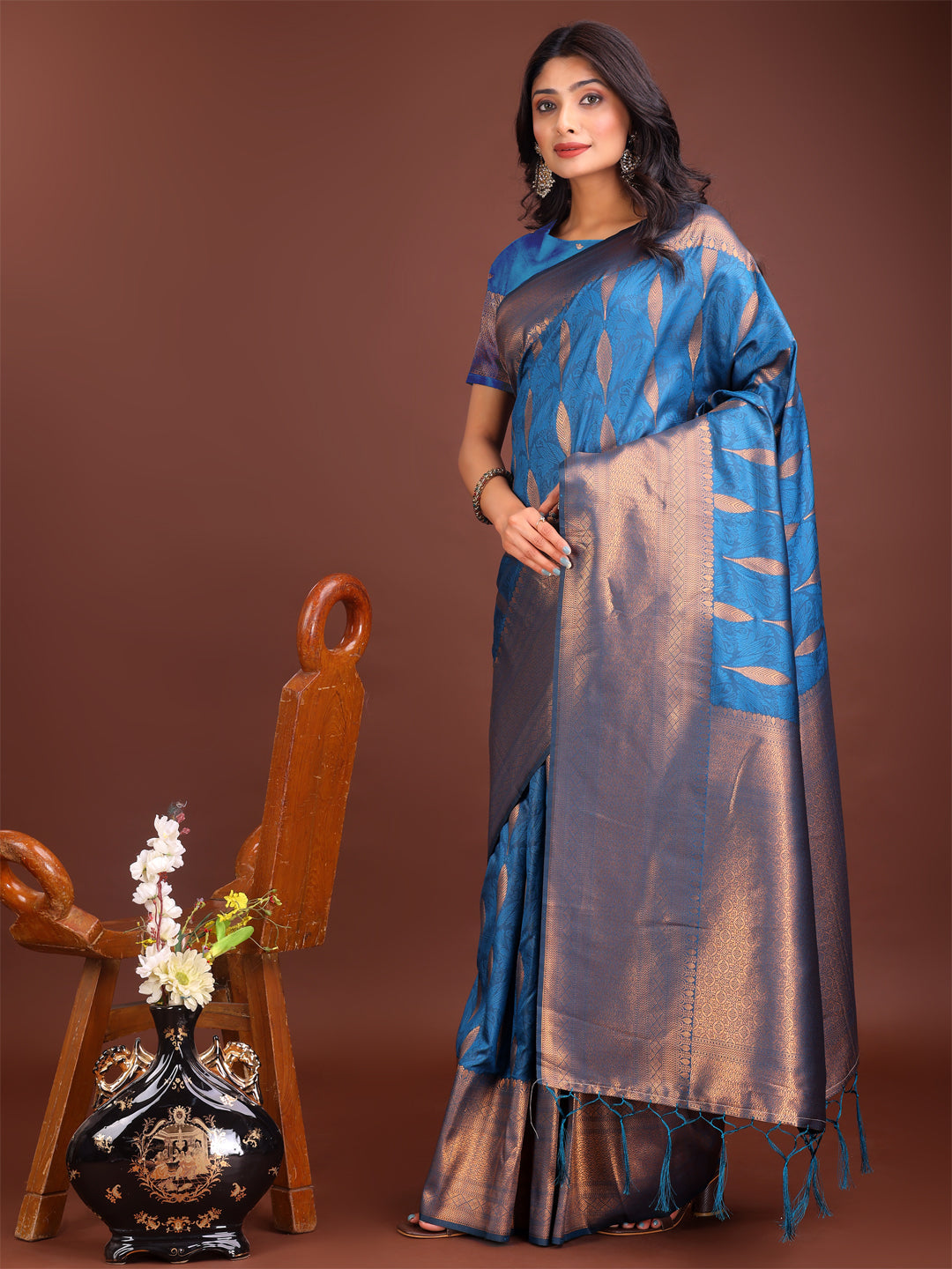 Shree Shyam Fashion Sky Blue Linen Cotton Saree with Golden Zari Leaf Woven Design & Rich Pallu - Festive Wear | Office Look | Soft Drape - Distacart