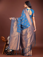 Shree Shyam Fashion Sky Blue Linen Cotton Saree with Golden Zari Leaf Woven Design & Rich Pallu - Festive Wear | Office Look | Soft Drape - Distacart