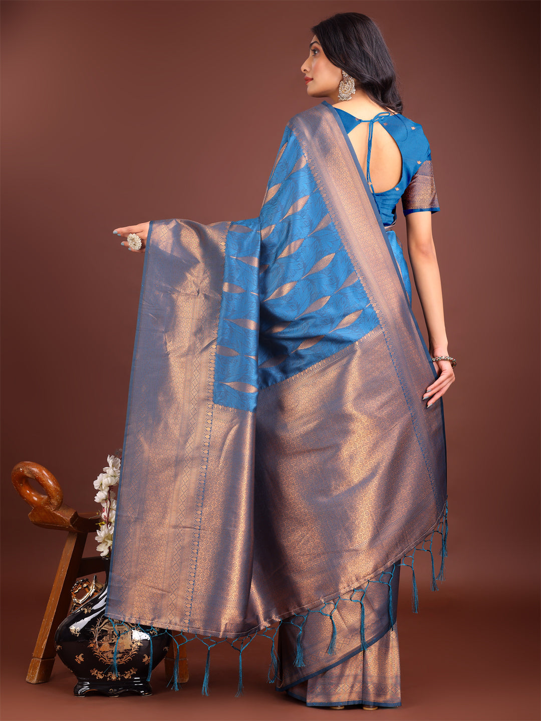 Shree Shyam Fashion Sky Blue Linen Cotton Saree with Golden Zari Leaf Woven Design & Rich Pallu - Festive Wear | Office Look | Soft Drape - Distacart