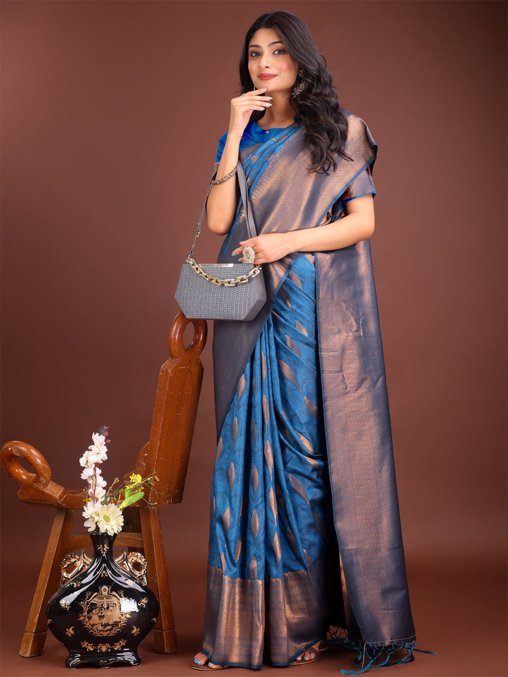 Shree Shyam Fashion Sky Blue Linen Cotton Saree with Golden Zari Leaf Woven Design & Rich Pallu - Festive Wear | Office Look | Soft Drape - Distacart