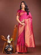 Shree Shyam Fashion Magenta Linen Cotton Saree with Golden Zari Leaf Woven Design & Rich Pallu - Festive Wear | Office Look | Soft Drape - Distacart