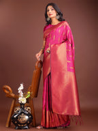 Shree Shyam Fashion Magenta Linen Cotton Saree with Golden Zari Leaf Woven Design & Rich Pallu - Festive Wear | Office Look | Soft Drape - Distacart