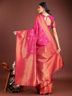 Shree Shyam Fashion Magenta Linen Cotton Saree with Golden Zari Leaf Woven Design & Rich Pallu - Festive Wear | Office Look | Soft Drape - Distacart