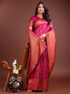 Shree Shyam Fashion Magenta Linen Cotton Saree with Golden Zari Leaf Woven Design & Rich Pallu - Festive Wear | Office Look | Soft Drape - Distacart