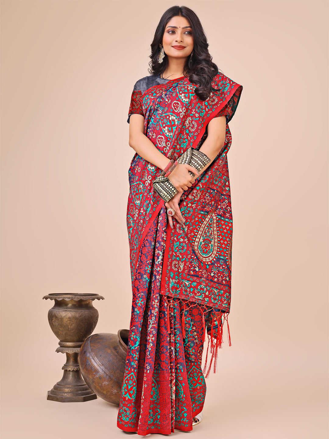 Shree Shyam Fashion Elegant Pink Jacquard Linen Cotton Saree with Traditional Multicolor Weave & Tassel Pallu - Festive & Casual Wear for Women