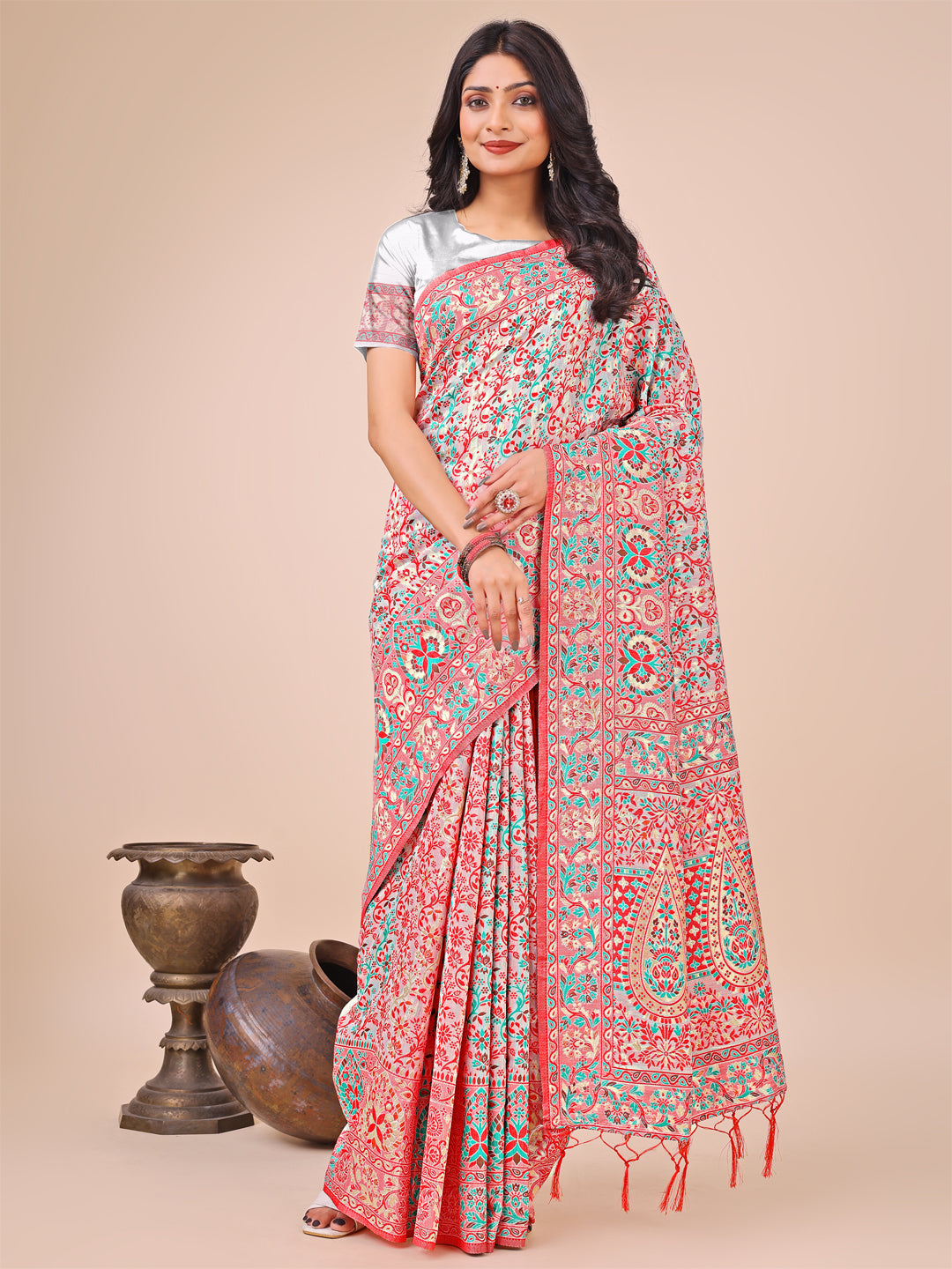 Shree Shyam Fashion Elegant White Jacquard Linen Cotton Saree with Traditional Multicolor Weave & Tassel Pallu - Festive & Casual Wear for Women