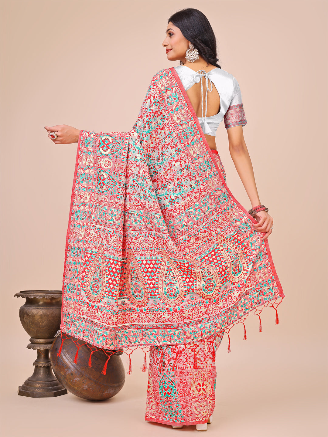 Shree Shyam Fashion Elegant White Jacquard Linen Cotton Saree with Traditional Multicolor Weave & Tassel Pallu - Festive & Casual Wear for Women