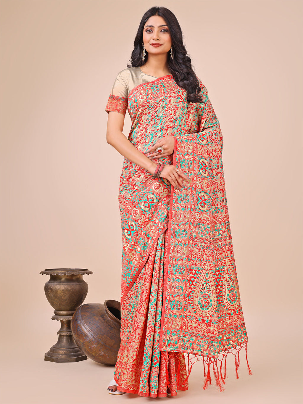 Shree Shyam Fashion Elegant Cream Jacquard Linen Cotton Saree with Traditional Multicolor Weave & Tassel Pallu - Festive & Casual Wear for Women