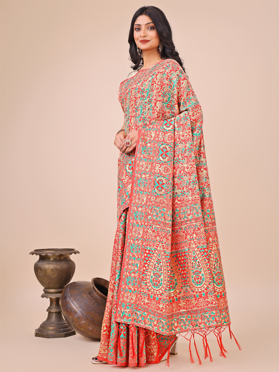 Shree Shyam Fashion Elegant Cream Jacquard Linen Cotton Saree with Traditional Multicolor Weave & Tassel Pallu - Festive & Casual Wear for Women