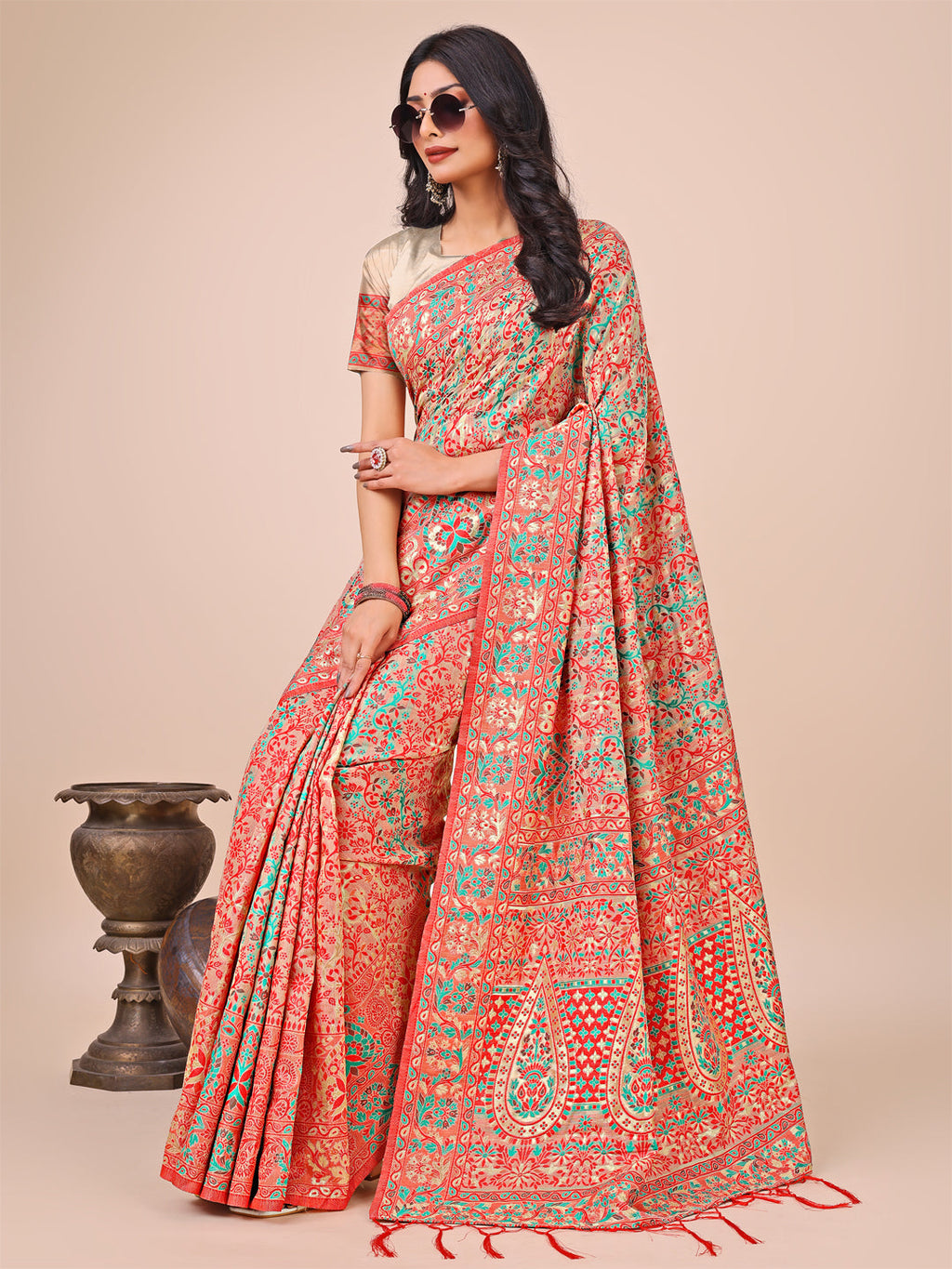 Shree Shyam Fashion Elegant Cream Jacquard Linen Cotton Saree with Traditional Multicolor Weave & Tassel Pallu - Festive & Casual Wear for Women