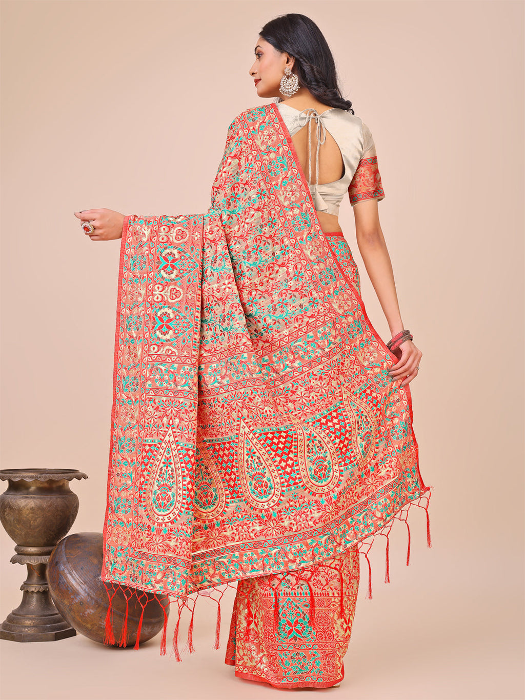 Shree Shyam Fashion Elegant Cream Jacquard Linen Cotton Saree with Traditional Multicolor Weave & Tassel Pallu - Festive & Casual Wear for Women
