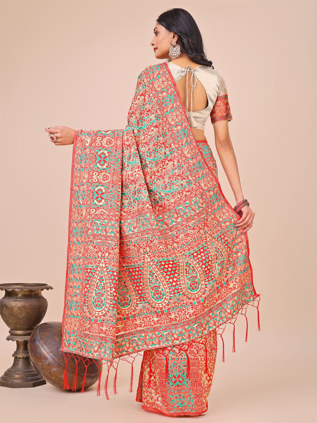 Shree Shyam Fashion Elegant Cream Jacquard Linen Cotton Saree with Traditional Multicolor Weave & Tassel Pallu - Festive & Casual Wear for Women