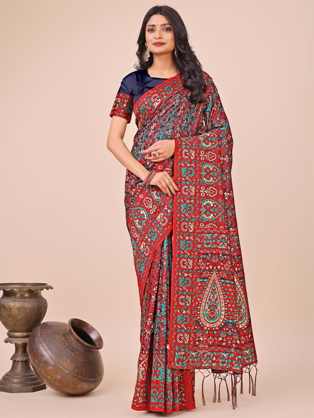 Shree Shyam Fashion Elegant Red Jacquard Linen Cotton Saree with Traditional Multicolor Weave & Tassel Pallu - Festive & Casual Wear for Women