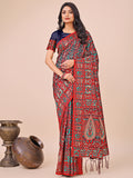 Shree Shyam Fashion Elegant Red Jacquard Linen Cotton Saree with Traditional Multicolor Weave & Tassel Pallu - Festive & Casual Wear for Women