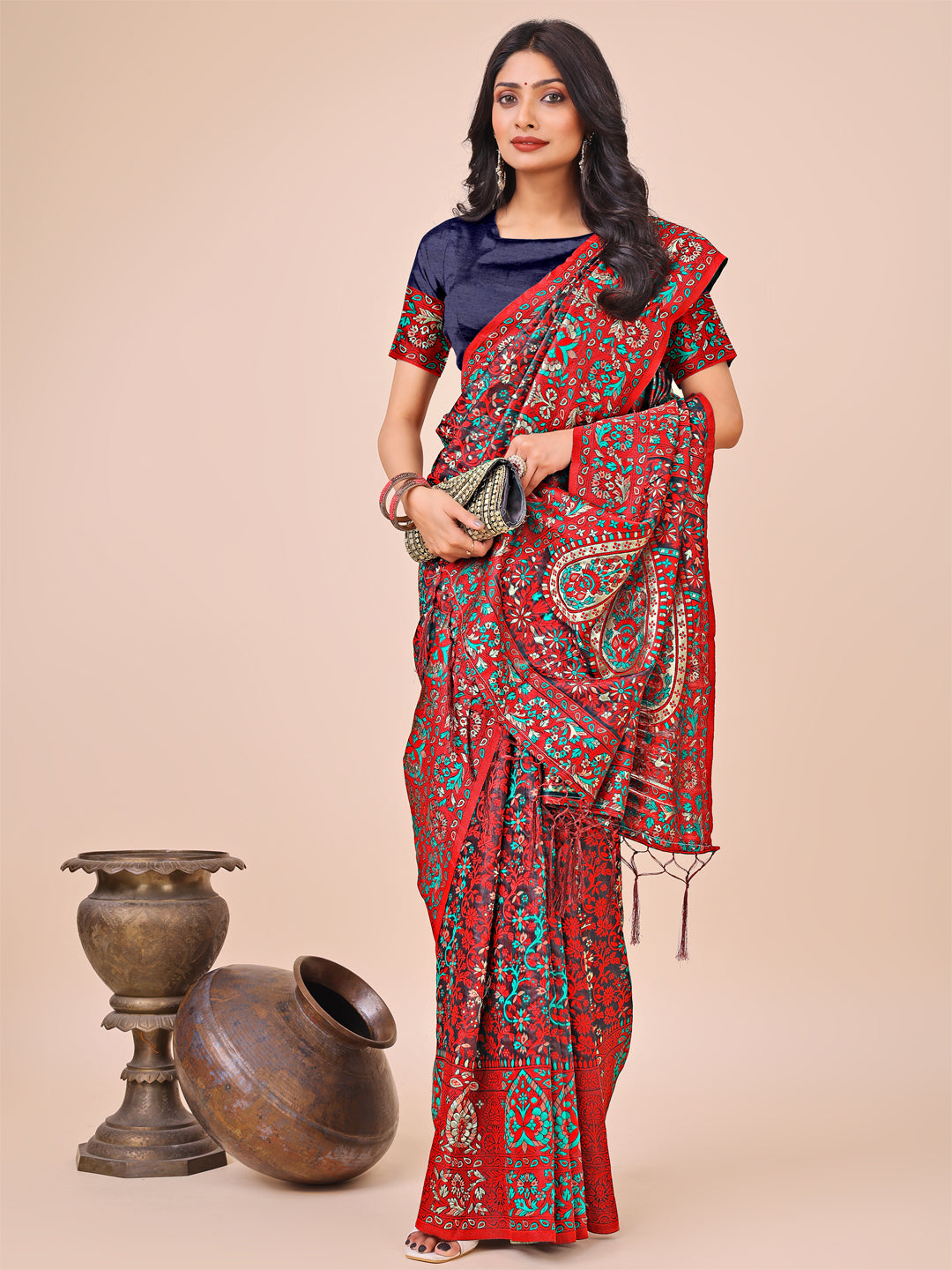 Shree Shyam Fashion Elegant Red Jacquard Linen Cotton Saree with Traditional Multicolor Weave & Tassel Pallu - Festive & Casual Wear for Women