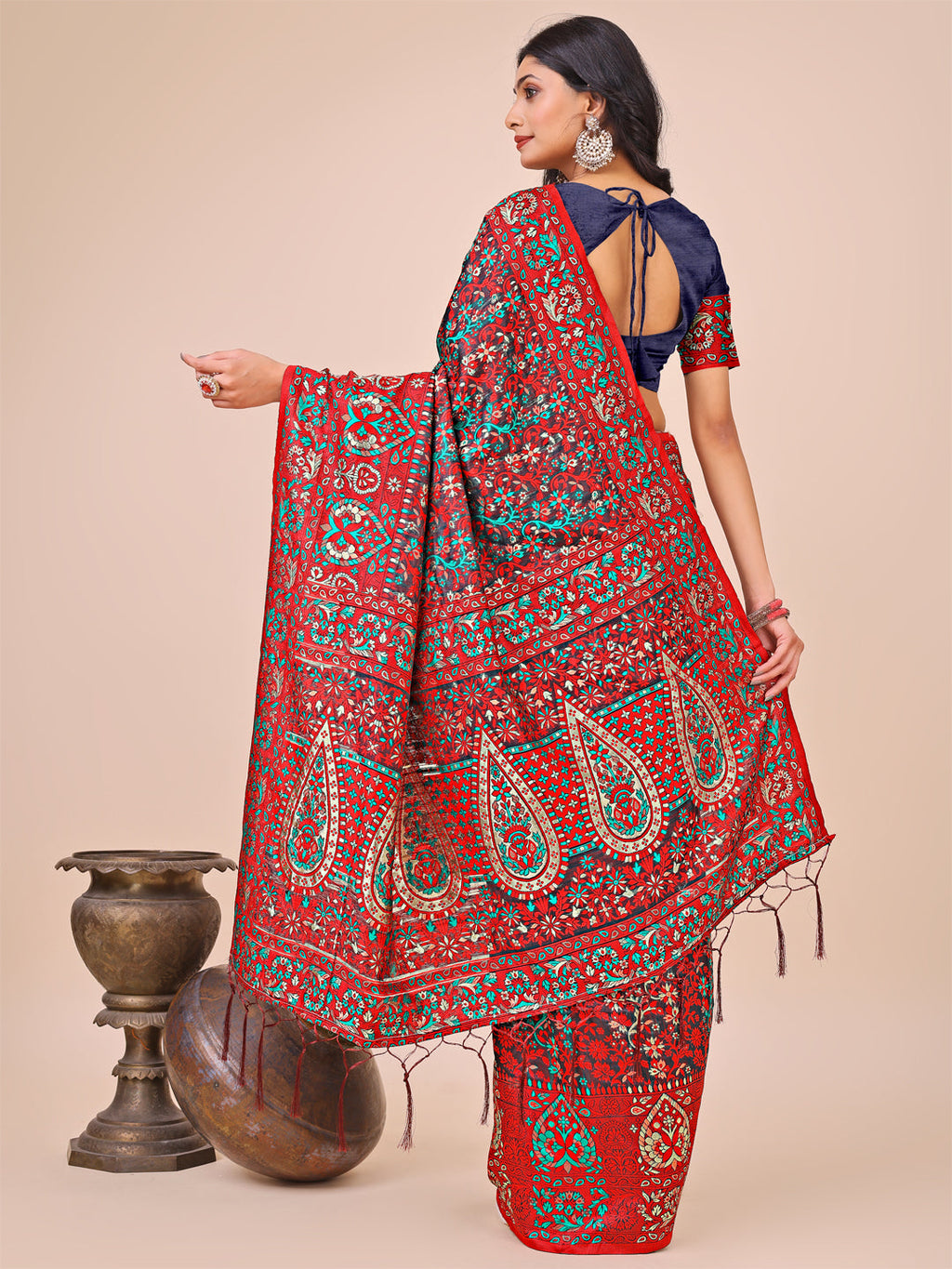 Shree Shyam Fashion Elegant Red Jacquard Linen Cotton Saree with Traditional Multicolor Weave & Tassel Pallu - Festive & Casual Wear for Women
