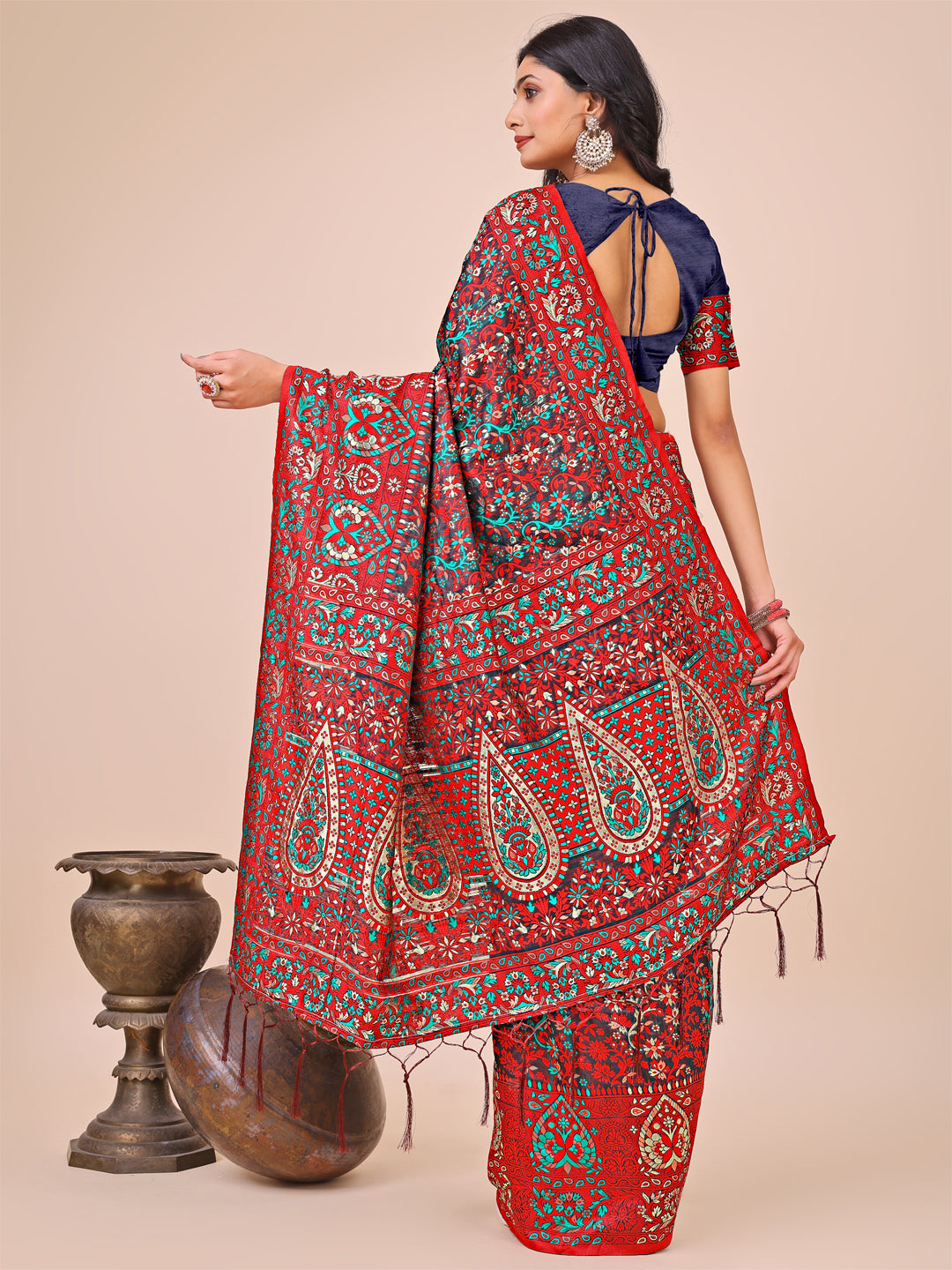 Shree Shyam Fashion Elegant Red Jacquard Linen Cotton Saree with Traditional Multicolor Weave & Tassel Pallu - Festive & Casual Wear for Women