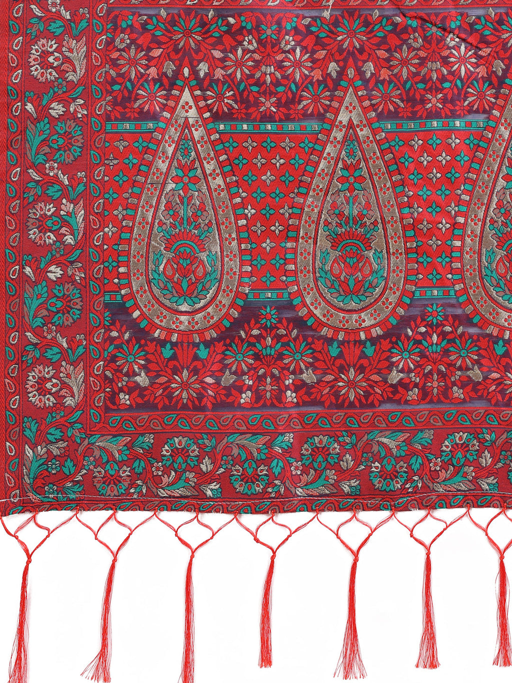 Shree Shyam Fashion Elegant Red Jacquard Linen Cotton Saree with Traditional Multicolor Weave & Tassel Pallu - Festive & Casual Wear for Women