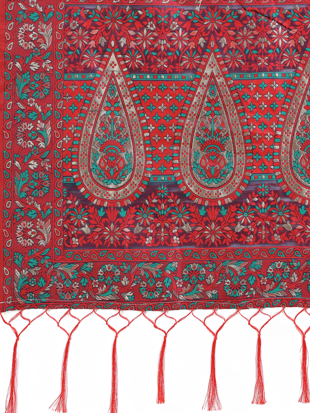 Shree Shyam Fashion Elegant Red Jacquard Linen Cotton Saree with Traditional Multicolor Weave & Tassel Pallu - Festive & Casual Wear for Women