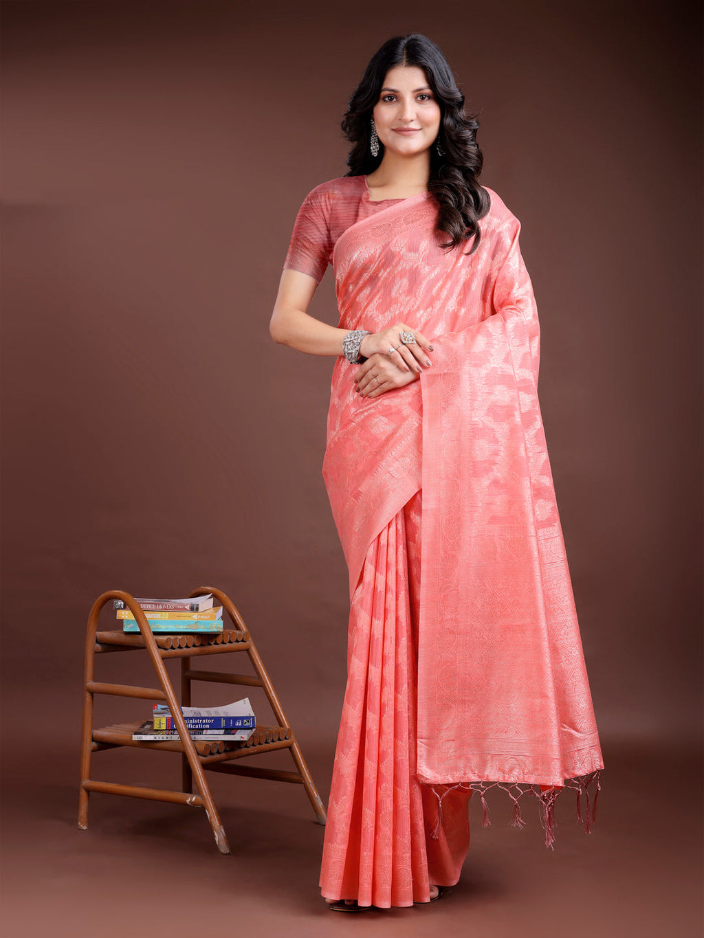 Shree Shyam Fashion Peach Linen Cotton Woven Zari Work Traditional Tassel Saree