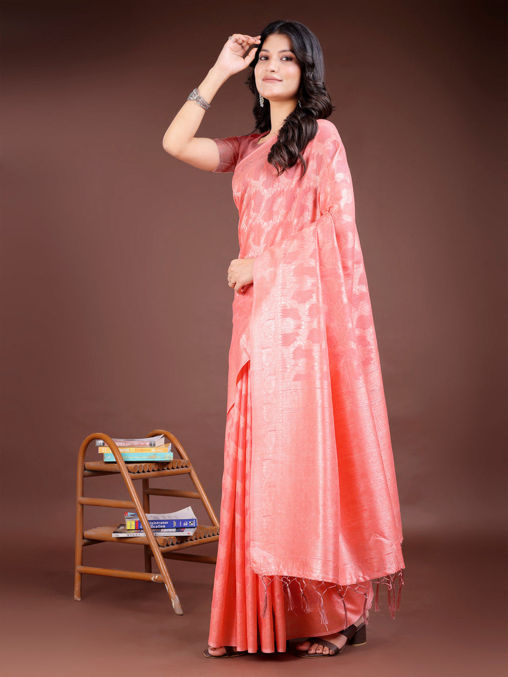 Shree Shyam Fashion Peach Linen Cotton Woven Zari Work Traditional Tassel Saree