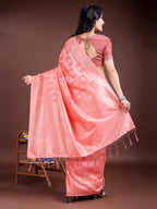 Shree Shyam Fashion Peach Linen Cotton Woven Zari Work Traditional Tassel Saree