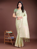 Shree Shyam Fashion Light Green Linen Cotton Woven Zari Work Traditional Tassel Saree