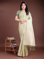 Shree Shyam Fashion Light Green Linen Cotton Woven Zari Work Traditional Tassel Saree
