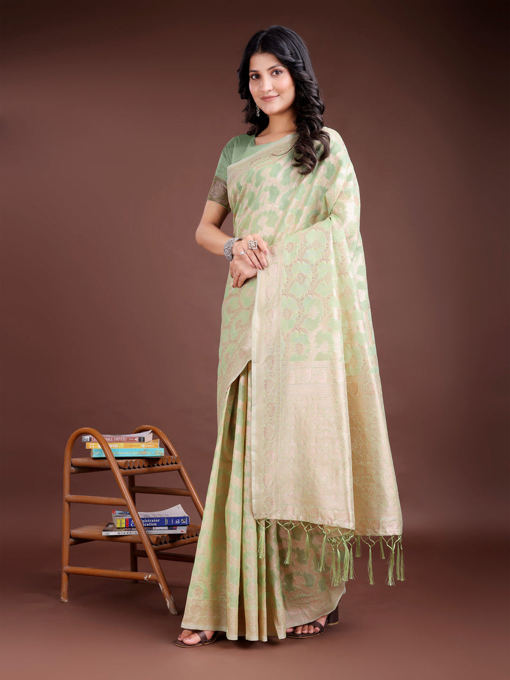 Shree Shyam Fashion Light Green Linen Cotton Woven Zari Work Traditional Tassel Saree