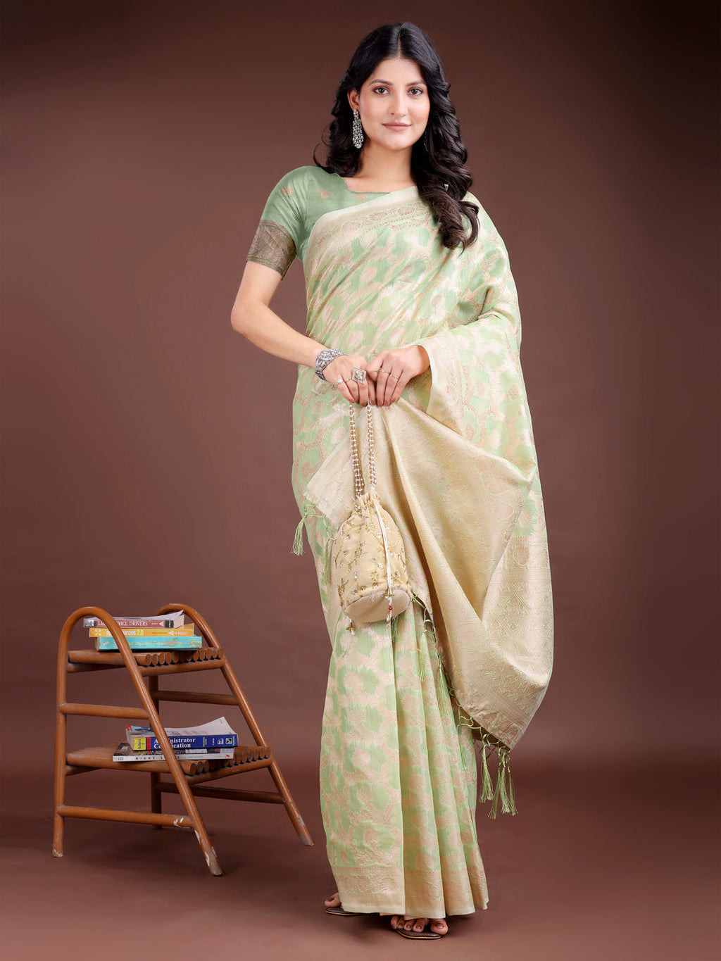 Shree Shyam Fashion Light Green Linen Cotton Woven Zari Work Traditional Tassel Saree