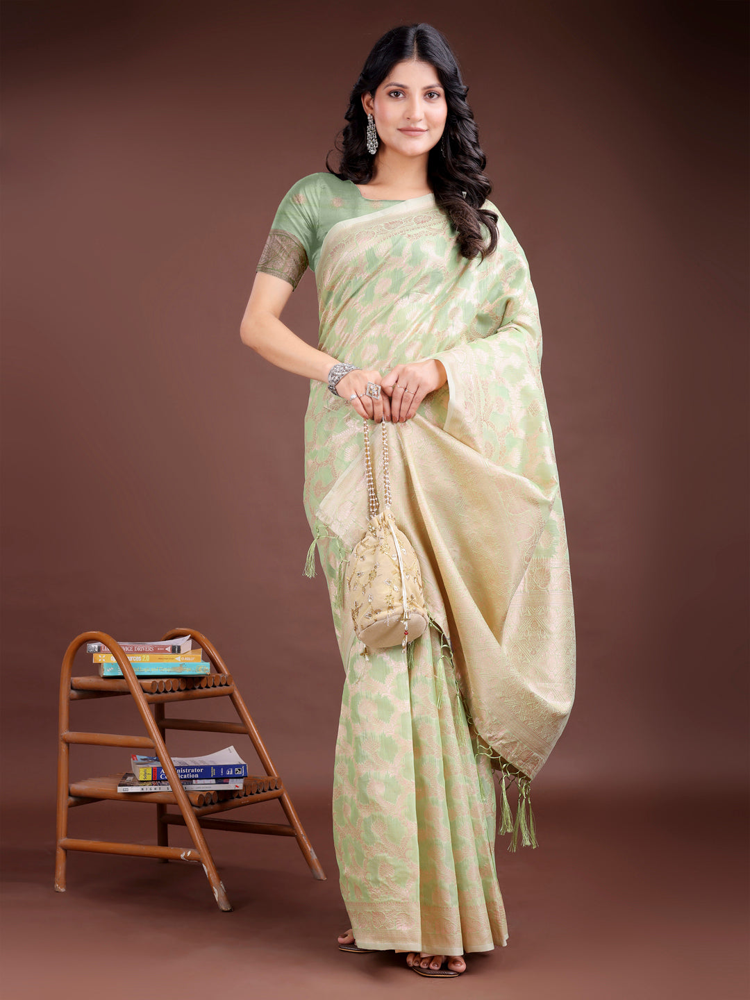 Shree Shyam Fashion Light Green Linen Cotton Woven Zari Work Traditional Tassel Saree
