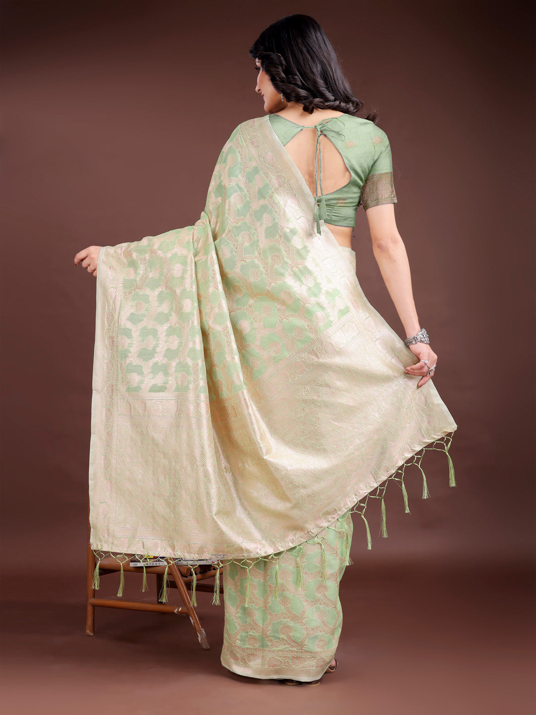 Shree Shyam Fashion Light Green Linen Cotton Woven Zari Work Traditional Tassel Saree