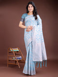 Shree Shyam Fashion Sky Blue Linen Cotton Woven Zari Work Traditional Tassel Saree
