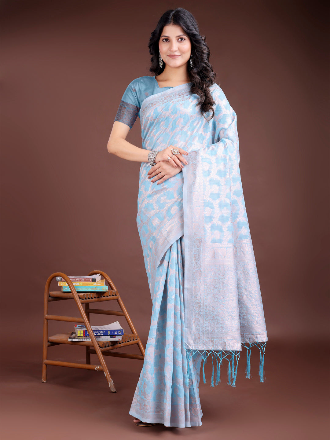 Shree Shyam Fashion Sky Blue Linen Cotton Woven Zari Work Traditional Tassel Saree