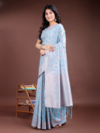 Shree Shyam Fashion Sky Blue Linen Cotton Woven Zari Work Traditional Tassel Saree