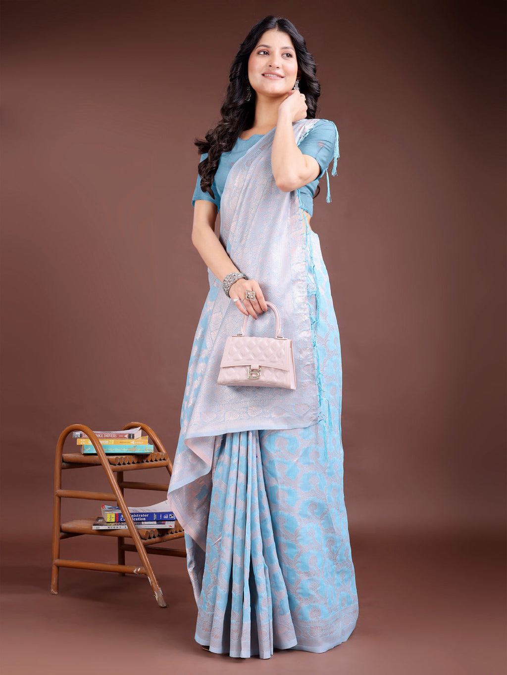 Shree Shyam Fashion Sky Blue Linen Cotton Woven Zari Work Traditional Tassel Saree