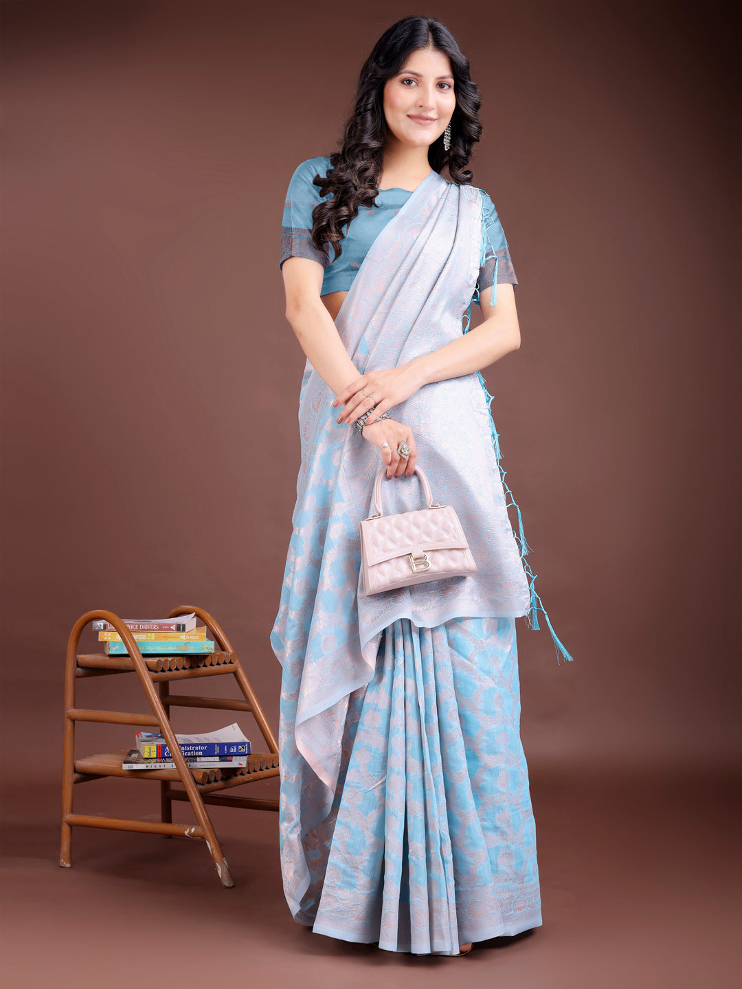 Shree Shyam Fashion Sky Blue Linen Cotton Woven Zari Work Traditional Tassel Saree