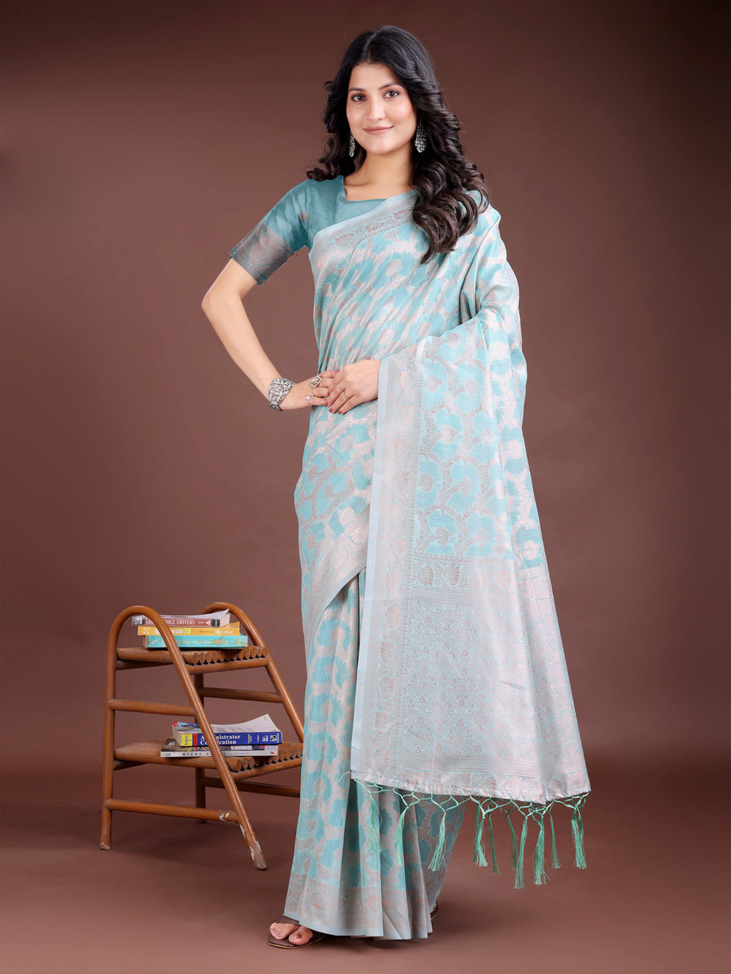Shree Shyam Fashion Sea Green Linen Cotton Woven Zari Work Traditional Tassel Saree