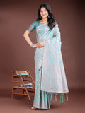 Shree Shyam Fashion Sea Green Linen Cotton Woven Zari Work Traditional Tassel Saree