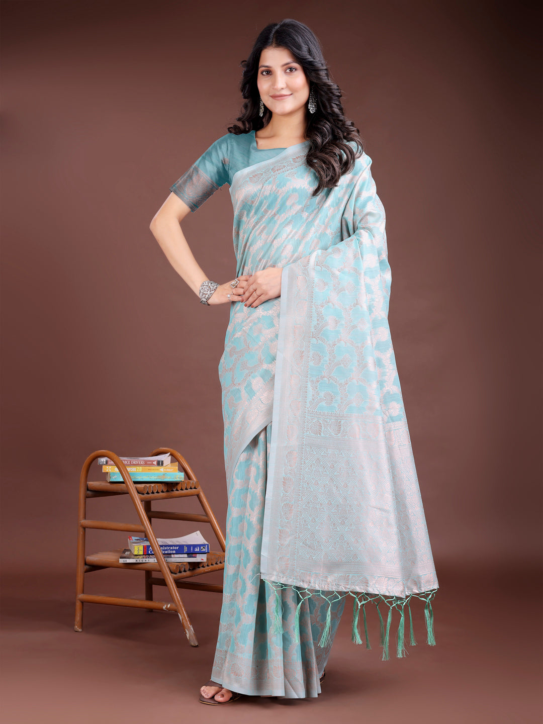 Shree Shyam Fashion Sea Green Linen Cotton Woven Zari Work Traditional Tassel Saree