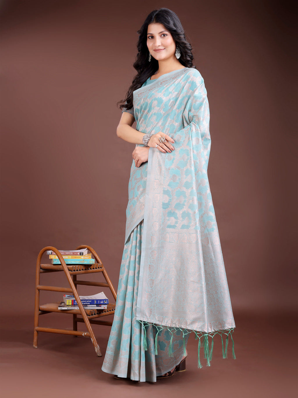Shree Shyam Fashion Sea Green Linen Cotton Woven Zari Work Traditional Tassel Saree