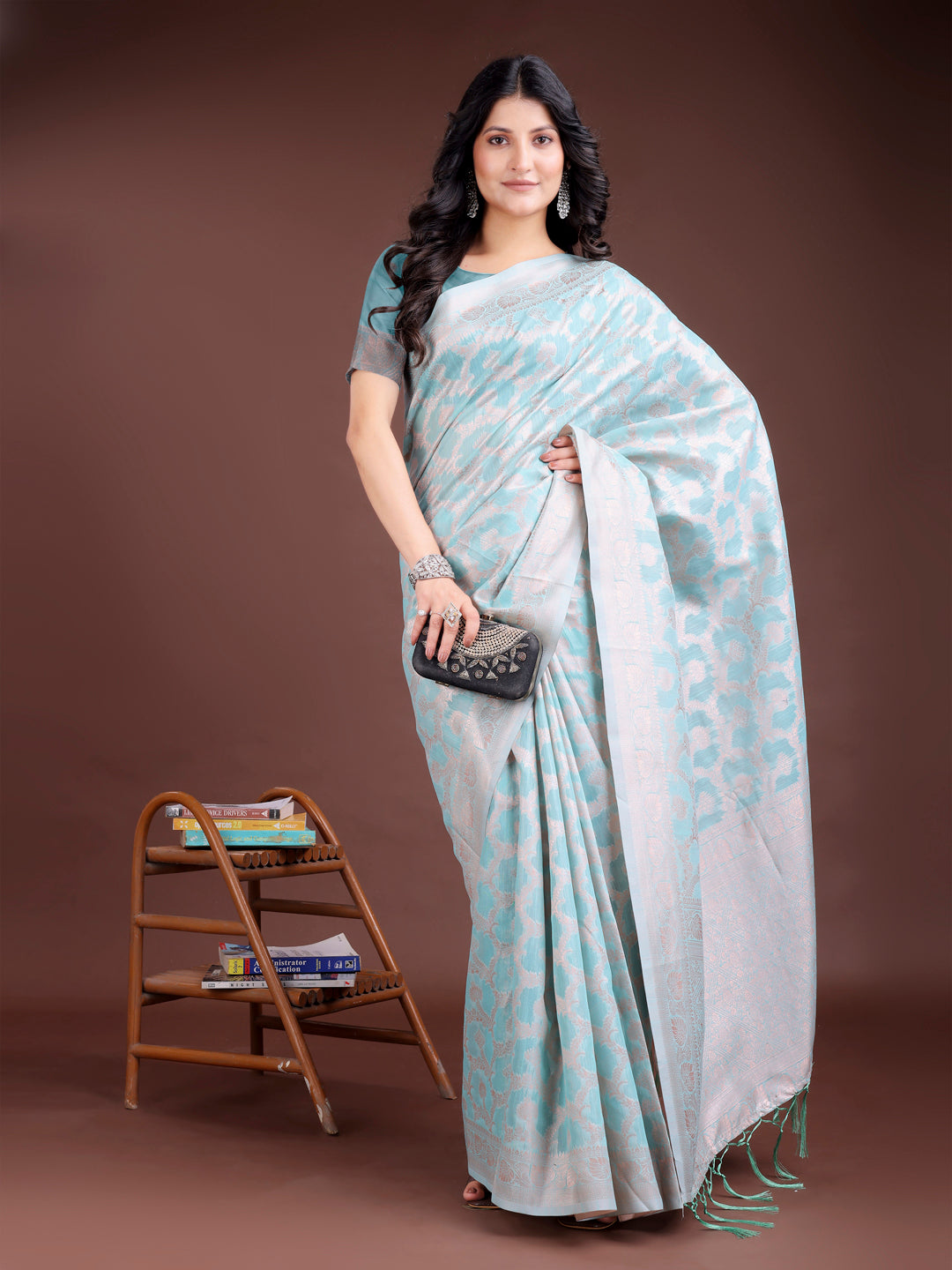 Shree Shyam Fashion Sea Green Linen Cotton Woven Zari Work Traditional Tassel Saree