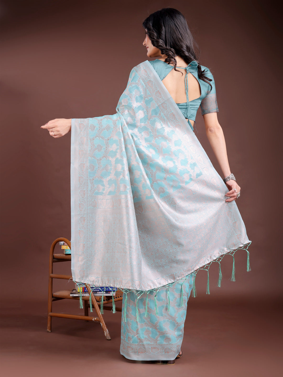 Shree Shyam Fashion Sea Green Linen Cotton Woven Zari Work Traditional Tassel Saree