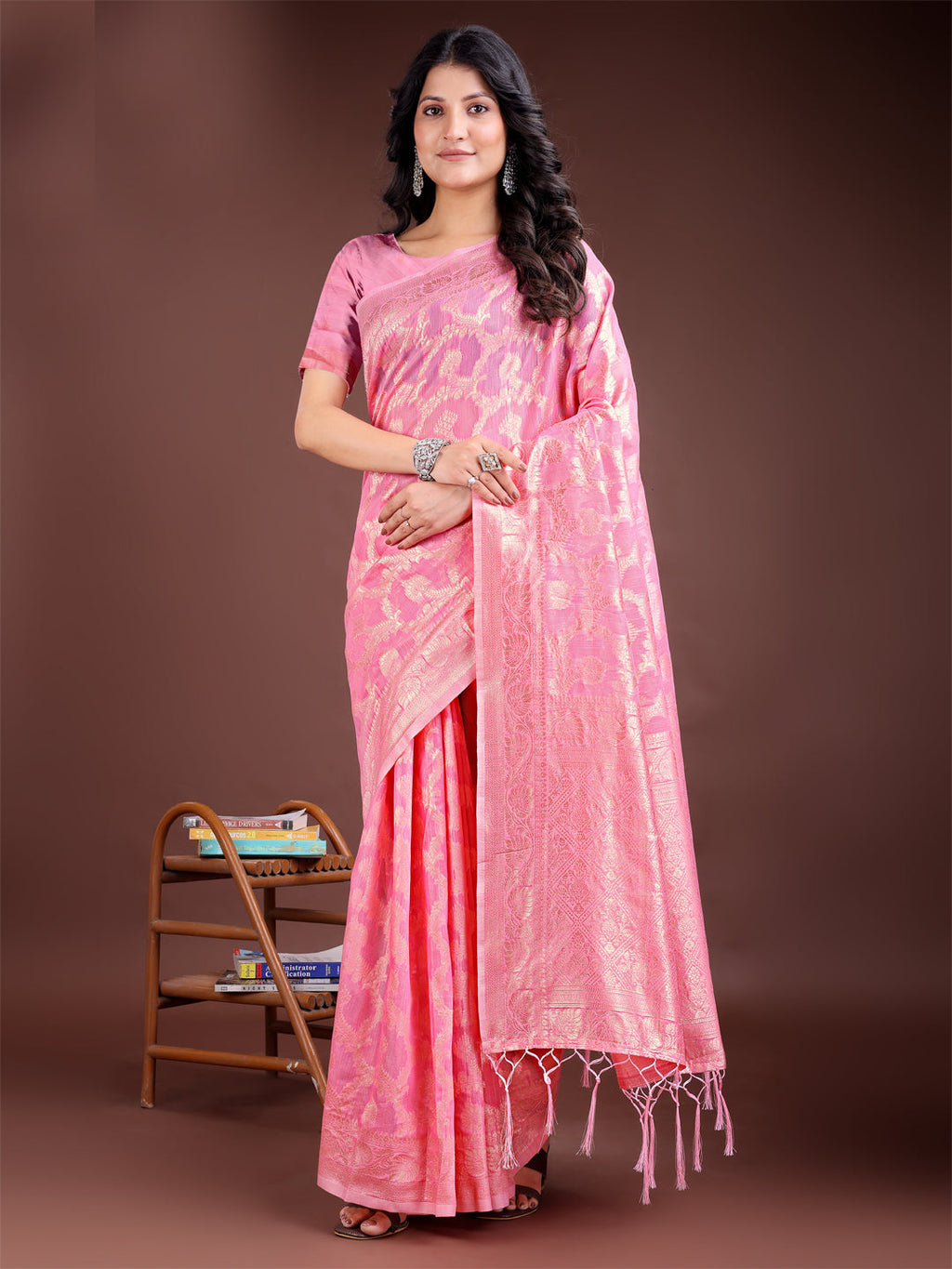 Shree Shyam Fashion Pink Linen Cotton Woven Zari Work Traditional Tassel Saree
