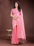 Shree Shyam Fashion Pink Linen Cotton Woven Zari Work Traditional Tassel Saree