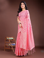 Shree Shyam Fashion Pink Linen Cotton Woven Zari Work Traditional Tassel Saree