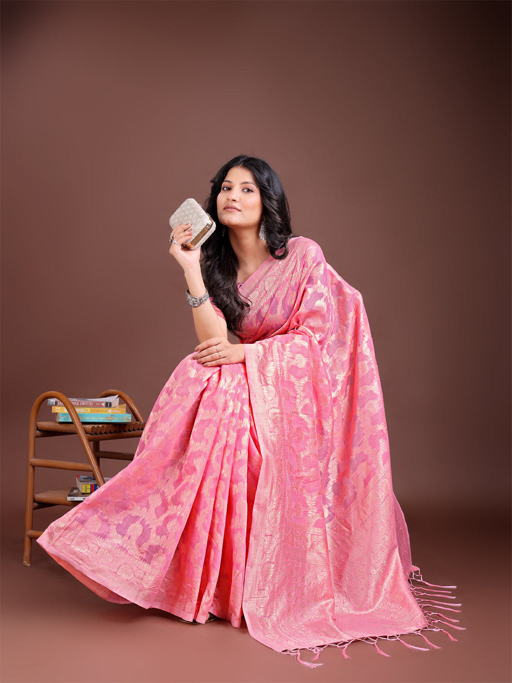 Shree Shyam Fashion Pink Linen Cotton Woven Zari Work Traditional Tassel Saree