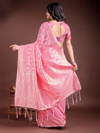Shree Shyam Fashion Pink Linen Cotton Woven Zari Work Traditional Tassel Saree