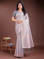 Shree Shyam Fashion Grey Linen Cotton Woven Zari Work Traditional Tassel Saree